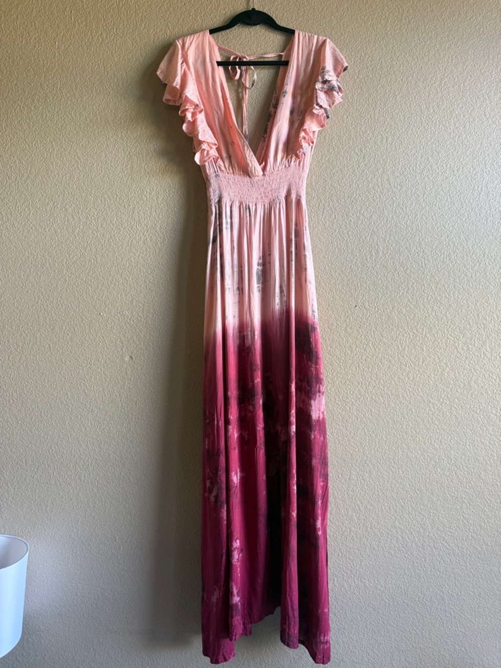 Tiare Hawaii Dahlia Maxi Dress in a pink and maroon dip-dye color